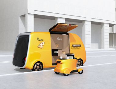 Pizza teslim van ve yol kenarında park drone kendi kendine sürüş görünümü arka. Son bir mil kavramı. 3D render resim.