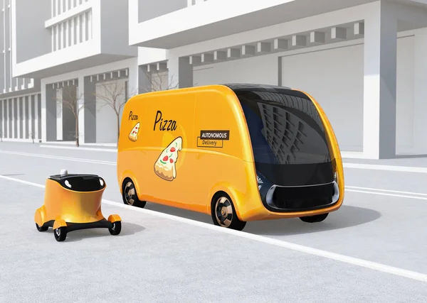 Self-driving pizza delivery van and drone in the street. Last one mile concept. 3D rendering image.