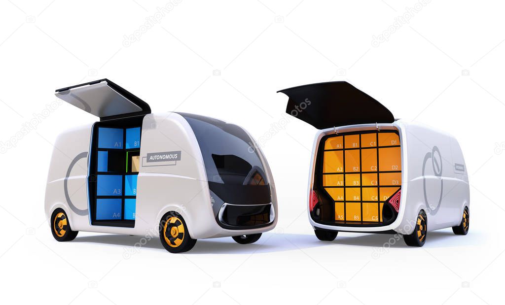 Two delivery vans isolated on white background with doors opened. 3D rendering image.