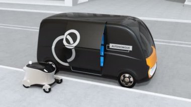 Teslimat van açılan yan kapı ve transfer parsel mobil teslimat uçağı için kendi kendine sürüş. Son bir mil kavramı. 3D render animasyon.