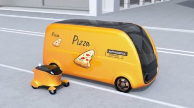 Pizza kutusu transfer teslim van mobil teslimat uçağı için kendi kendine sürüş üzerinden. Son bir mil kavramı. 3D render animasyon.