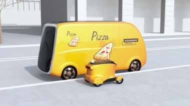 Pizza kutusu transfer teslim van mobil teslimat uçağı için kendi kendine sürüş üzerinden. Son bir mil kavramı. 3D render animasyon.