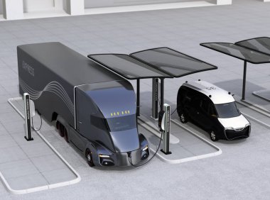 Elektrik kamyon ve van şarj şarj istasyonu güneş paneli sistemi tarafından desteklenmektedir. 3D render resim.