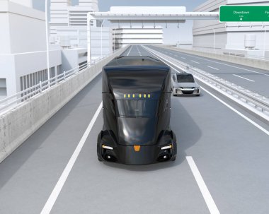Kendi kendine sürüş elektrik yarı kamyon karayolu üzerinde sürme önden görünümü. 3D render resim.