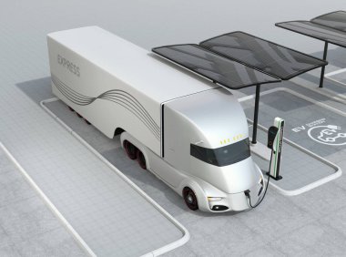 Elektrik kamyon şarj istasyonu şarj kendine sürüş gümüş. 3D render resim.
