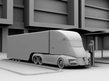 Clay model rendering of electric truck charging at charging station. 3D rendering image. clipart