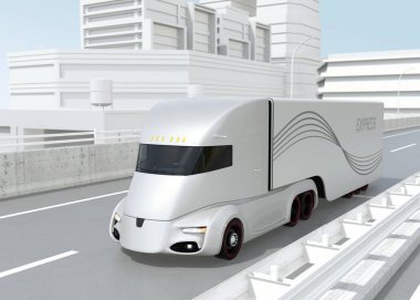 Elektrik yarı kamyon sürme karayolu üzerinde kendi kendine sürüş. 3D render resim.
