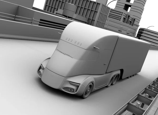 高速公路自驱动电动半挂车的粘土模型绘制 渲染图像 — 图库照片