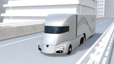 Elektrik yarı kamyon sürme karayolu üzerinde kendi kendine sürüş. 3D render animasyon.