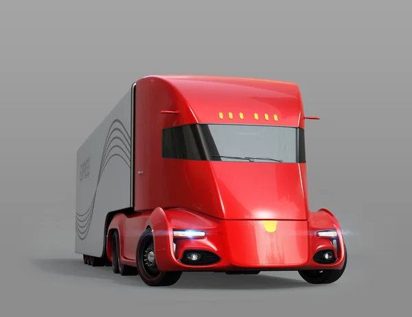 Metalická Červená Automaticky Řízené Elektrické Semi Truck Izolované Šedém Pozadí — Stock fotografie