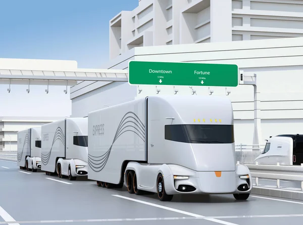 一队自驾电动半卡车在高速公路上行驶 渲染图像 — 图库照片