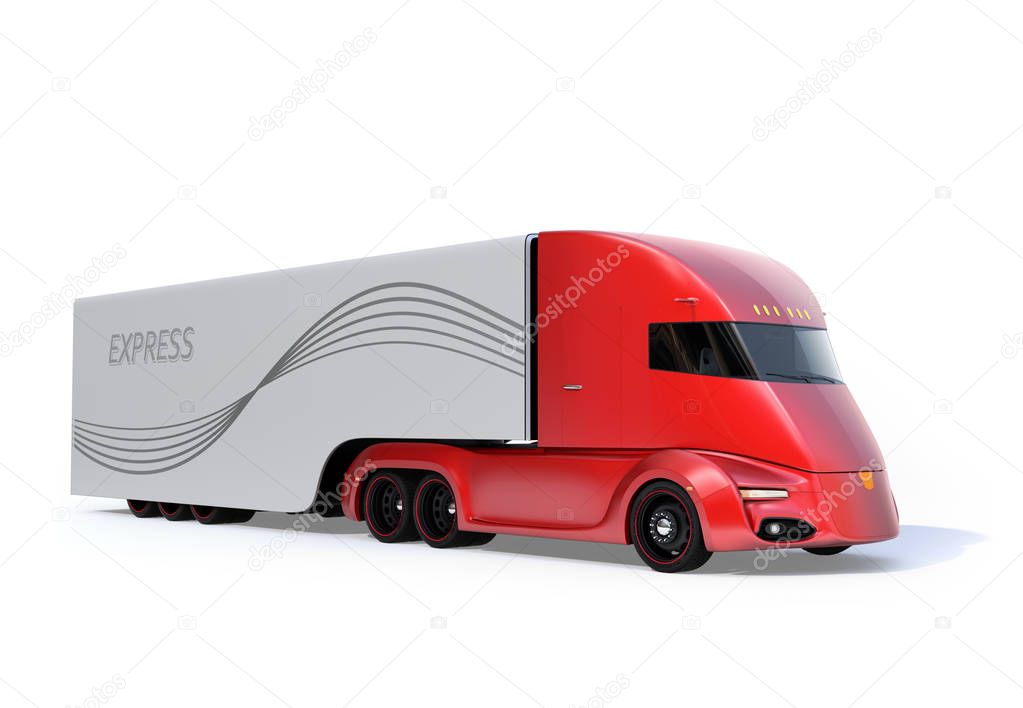Metallic red self-driving electric semi truck isolated on white background. 3D rendering image