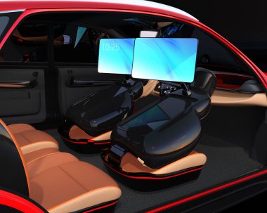 Elektrik kendi kendine sürüş Suv araba iç tasarım. Ön koltuklar monitörler ile donatılmıştır. Yeni iş için kavram arabaya tarzı iş. 3D render resim.