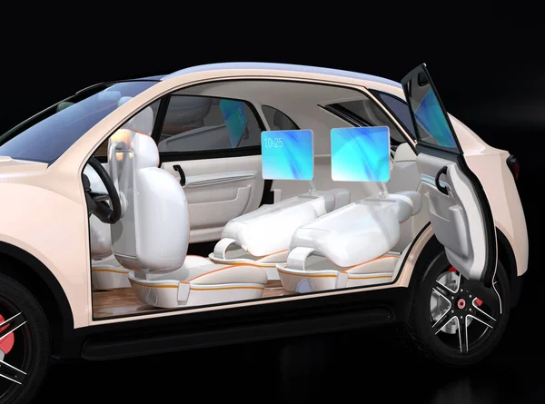 电动自驾 Suv 车室内设计 乘客有视频会议由后排座位的监视器 概念为新的商务工作风格在汽车 渲染图像 — 图库照片