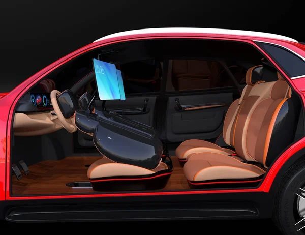 电动自驾 Suv 车室内设计 前排座椅配有监视器 概念为新的商务工作风格在汽车 渲染图像 — 图库照片