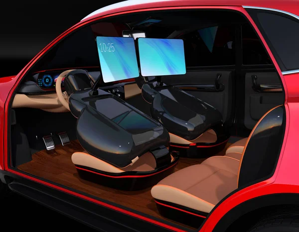 Elektryczny Samosterujący Suv Samochód Wnętrz Przednie Fotele Wyposażone Monitory Koncepcja — Zdjęcie stockowe