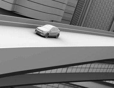 Kil model işleme otoyolda sürüş özerk elektrik SUV. 3D render resim.