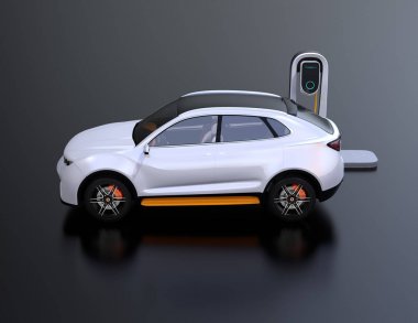 Beyaz elektrikli Suv araç şarj istasyonu şarj yan görünüm. 3D render resim.