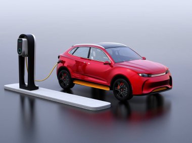 Kırmızı elektrikli Suv araç şarj istasyonu şarj. 3D render resim.