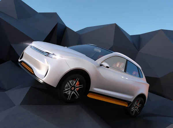 Suv Eléctrico Blanco Sobre Suelo Geométrico Duro Imagen Renderizado —  Fotos de Stock