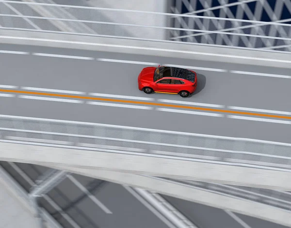 Luftaufnahme Eines Metallisch Roten Elektro Geländewagens Der Auf Der Autobahn — Stockfoto