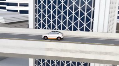 Otoyolda sürüş beyaz özerk elektrik Suv. 3D render animasyon.