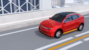 Otoyolda sürüş metalik kırmızı özerk elektrik Suv. 3D render animasyon.
