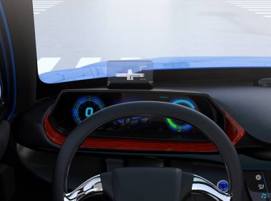Ahşap tepsi Hud ile dijital hız göstergesi closeup görünümü. Elektrikli otomobilin Pano kavramı. 3D render resim.