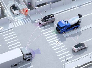 Kavşak pürüzsüz trafikte. Avantaj özerk teknoloji için kavram. 3D render resim.