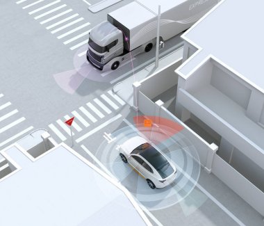 Beyaz cipin içinde kör nokta tek yönlü sokak algılanan araca. Dur işareti Japonca. Sol Trafik bölge. Bağlı araba konsepti. 3D render resim.