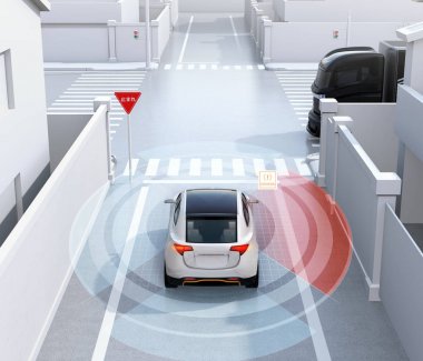 Beyaz cipin içinde kör nokta tek yönlü sokak algılanan araca arkadan görünüş. Dur işareti Japonca. Sol Trafik bölge. Bağlı araba konsepti. 3D render resim.