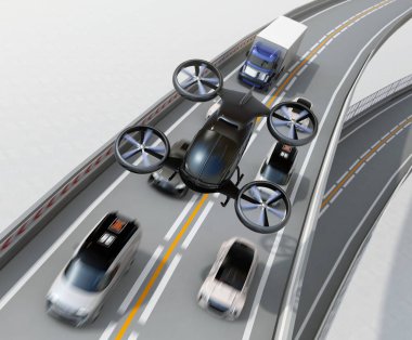 Ağır trafik sıkışıklığı otomobillerde üzerinde uçan siyah yolcu uçağı önden görünümü. Uçak taksi için kavram. 3D render resim.