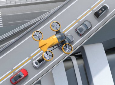 Üstten Görünüm sarı yolcu dronun ağır trafik sıkışıklığı otomobillerde üzerinde uçan. Uçak taksi için kavram. 3D render resim.