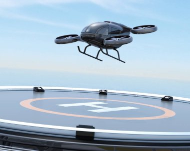 Siyah yolcu uçağı kalkıştan Helikopter pisti üzerinden kendi kendine sürüş. 3D render resim.