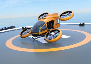 Yolcu uçağı kalkıştan Helikopter pisti üzerinden kendi kendine sürüş turuncu. 3D render resim.