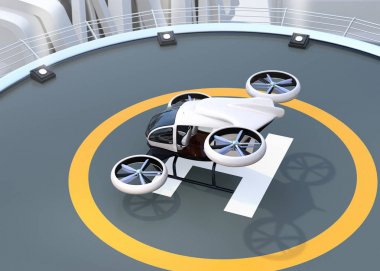 White self-driving passenger drone takeoff from helipad. 3D rendering image. clipart