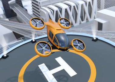 Turuncu yolcu uçağı kalkıştan kendi kendine sürüş ve üzerinde helikopter iniş. 3D render resim.