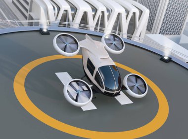 White self-driving passenger drone takeoff and landing on the helipad. 3D rendering image. clipart