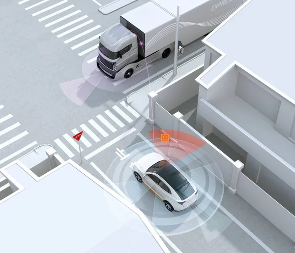 死角に一方向の通り検出された車両で白い Suv 日本語で一時停止の標識 左の交通領域 接続されている車のコンセプト のレンダリング画像 — ストック写真