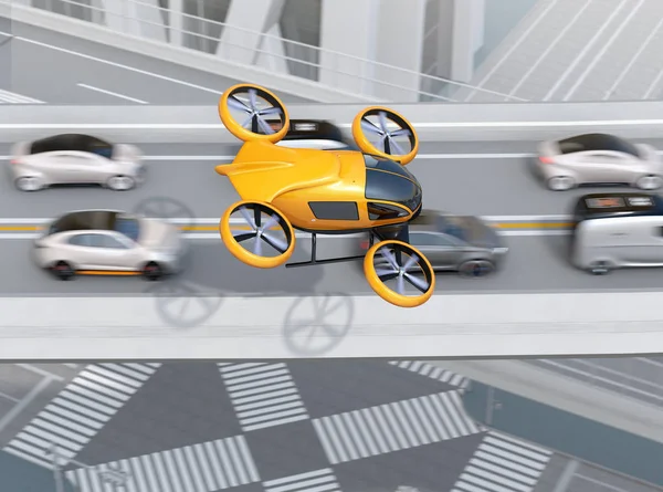 黄色客机在拥挤的交通堵塞下飞过汽车 概念为无人驾驶的士 渲染图像 — 图库照片