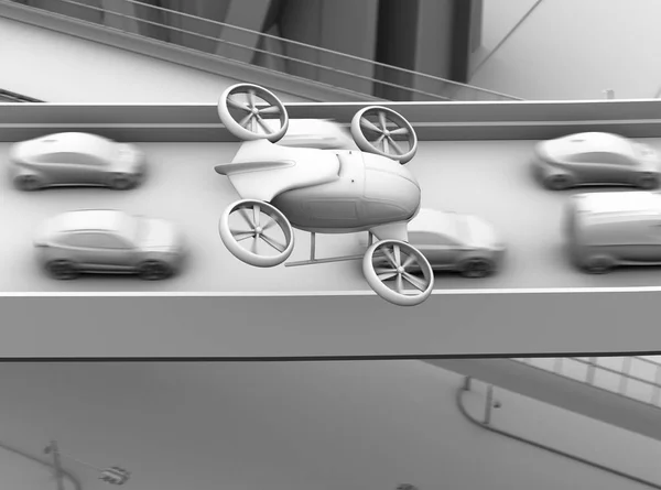 Clay Rendering Passagerare Drone Flyger Över Bilar Tunga Trafikstockning Rendering — Stockfoto