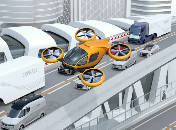 Gele Passagier Drone Vliegt Auto Zwaar Verkeer Jam Concept Voor — Stockfoto