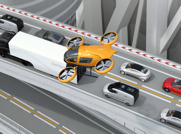 Yellow passenger drone flying over cars in heavy traffic jam. Concept for drone taxi. 3D rendering image.