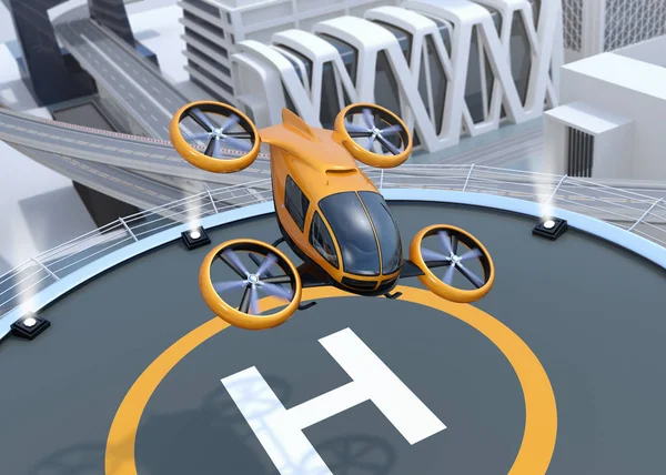 Naranja Auto Conducción Pasajeros Drone Despegue Aterrizaje Helipuerto Imagen Renderizado —  Fotos de Stock