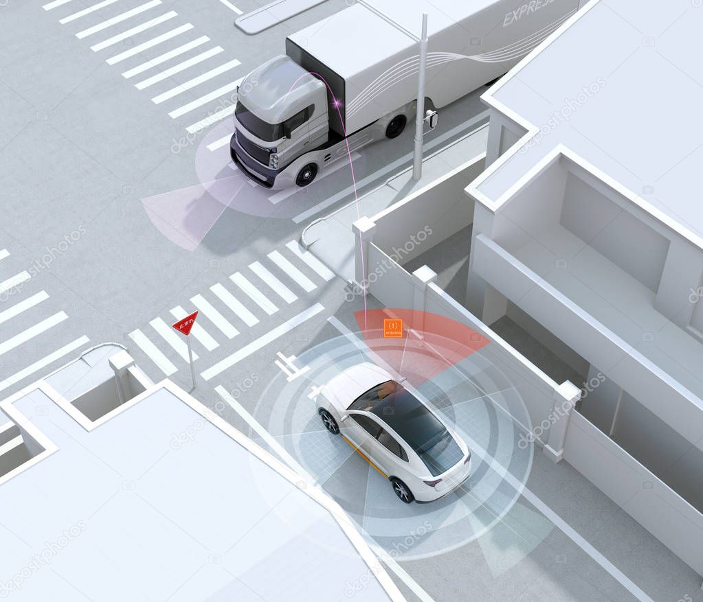 White SUV in one-way street detected vehicle in the blind spot. Stop sign in Japanese.  left-hand traffic region. Connected car concept. 3D rendering image.