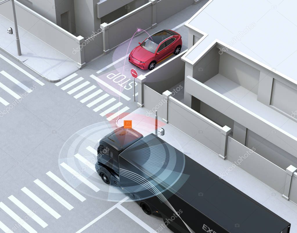 Semi truck detected car in one-way street in the blind spot. Connected car concept. 3D rendering image.