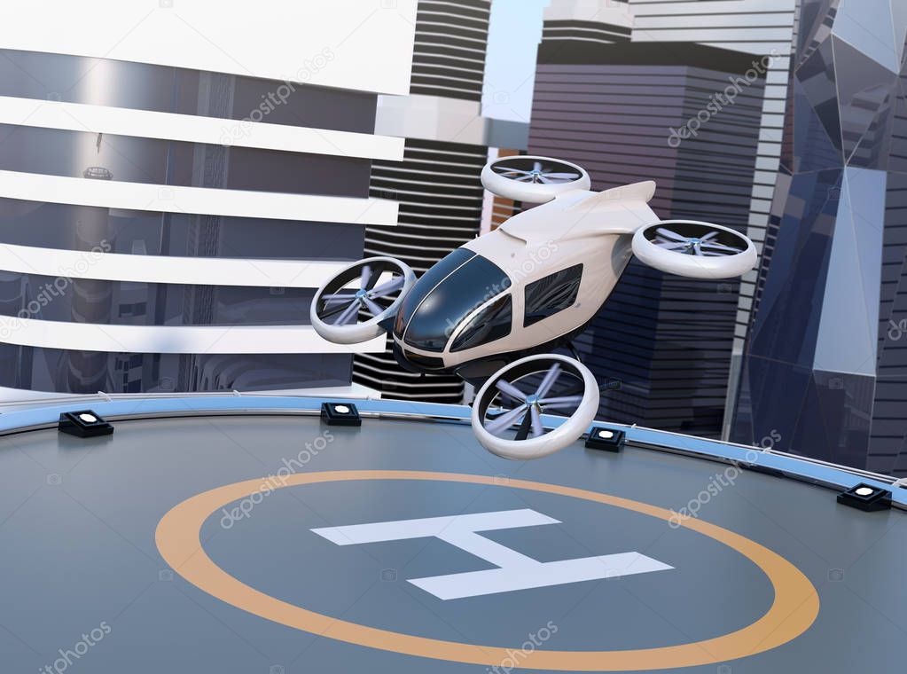 White self-driving passenger drone takeoff and landing on the helipad. 3D rendering image.