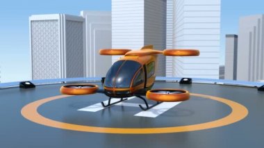 Yolcu uçağı kalkıştan Helikopter pisti üzerinden kendi kendine sürüş turuncu. 3D render animasyon