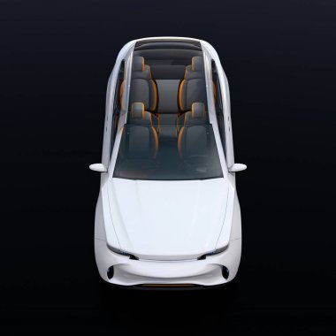 Siyah arka plan üzerine açık görünüm iç oluşan elektrik Suv araba. Ön koltuklar geri döndü. 3D render resim.