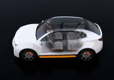 İç yan görünüm elektrik Suv Araba siyah arka plan üzerine oluşur. Ön koltuklar geri döndü. 3D render resim.